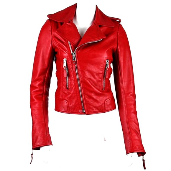 Balenciaga Designer Luxury Red Leather Moto Jacket- Small - Picture 1 of 15